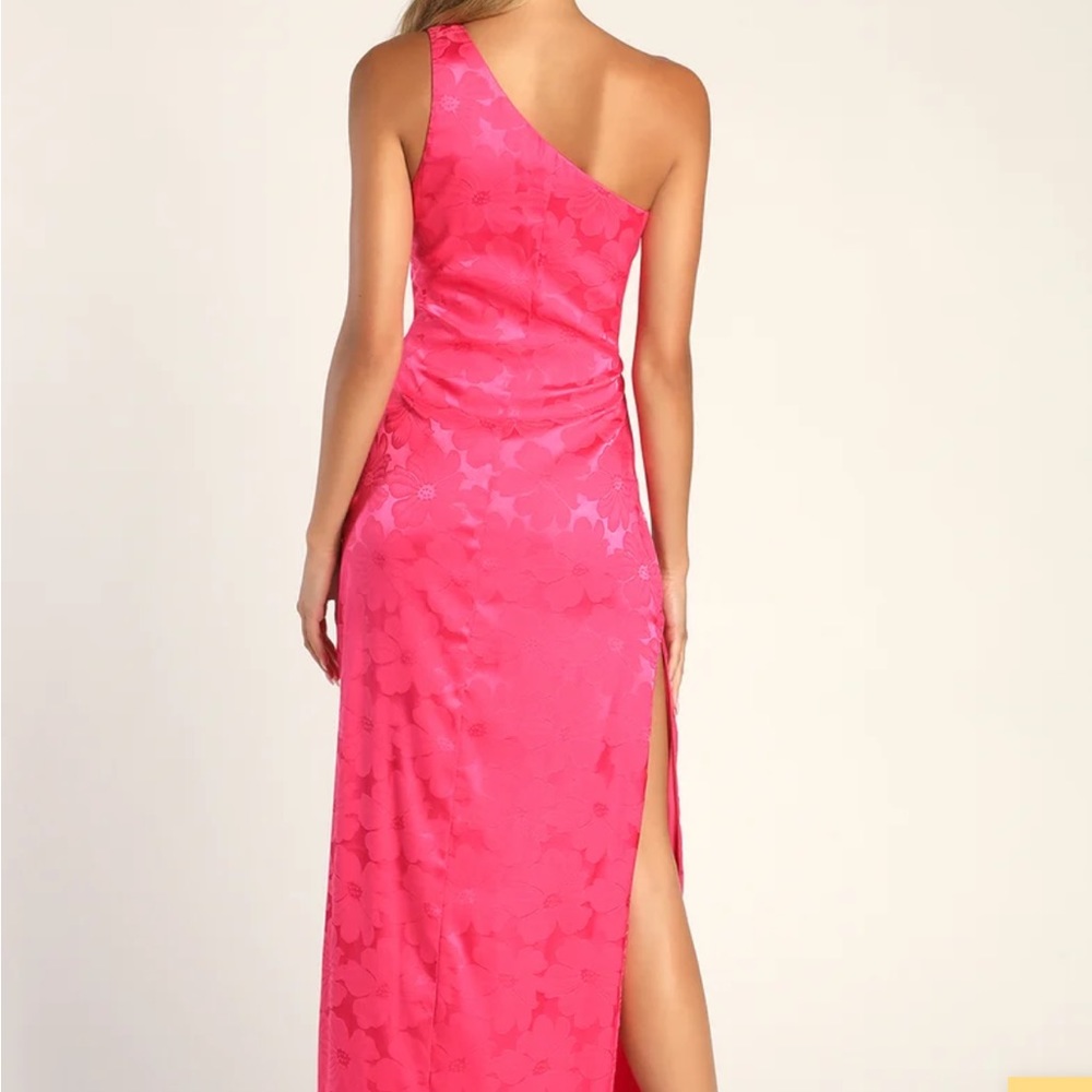 NWT Chasing Desire Hot Pink Satin Jacquard One-Shoulder Maxi Dress